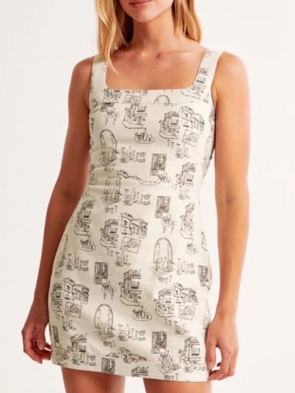 Abercrombie & Fitch Cream Mini Dress with Black Sketch Print